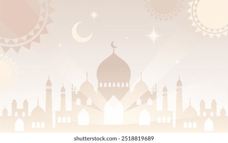 Islamic mosque background. Silhouette of mosque with domes and spires. Traditional oriental architecture. Religion and culture. Muslim country landscape. Flat vector illustration