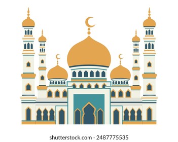 Islamic mosque building. Beautiful muslim temple with crescents. Eastern cultural landmark. Vector flat illustration isolated on white background