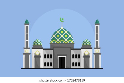 Islamic Mosque building with dome and tower. Ramadan kareem greeting illustration. 