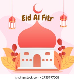 Islamic mosque building flat vector illustration decorated with fanoos lantern and leaves for eid festival celebration. Trendy flat illustration for greeting card, poster, landing page