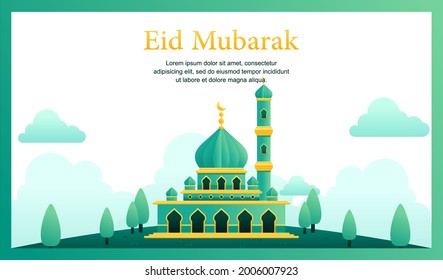 Islamic mosque building flat vector illustration with green and yellow color. very suitable for use as a website landing page design, presentation, etc.