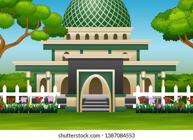 Islamic mosque building with a flowers on the road
