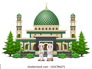 Islamic mosque building with green plant