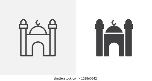 Islamic mosque building icon. line and glyph version, outline and filled vector sign. Mosque with minaret towers linear and full pictogram. Symbol, logo illustration. Different style icons set