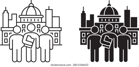 Islamic mosque building icon set with Muslim community or religious worshippers standing together in front of masjid dome, linear and silhouette style vector graphic design