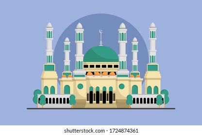 Islamic Mosque building in modern flat design illustration. Architecture object on blue background. Beautiful Muslim background illusration.