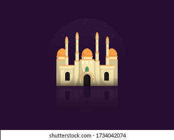 Islamic mosque building with night sky background. Ramadan kareem greeting illustration. Muslim prayer. Arabic architecture.