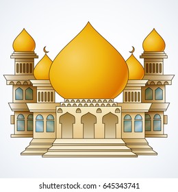 Islamic mosque building with yellow dome and four tower isolated on white background