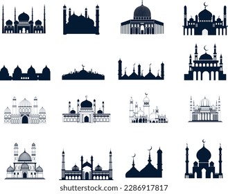 Islamic Mosque Buildings Silhouettes set. Black silhouettes of islamic cityscape shoving mosques, minarets with crescents on the tops of dome roofs and castles.