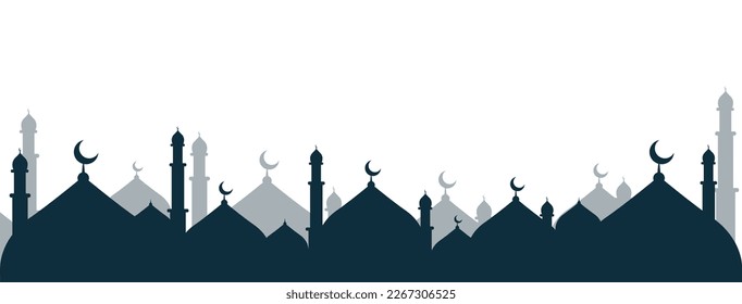 Islamic mosque city landscape border silhouette icon symbol clip art cartoon animated vector illustration design for ramadan, eid al fitr, al adha, isra mi'raj, muharram