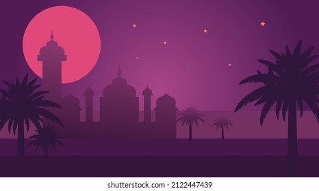 Islamic Mosque Cityscape arabic characters on beautiful silhouette background - Ramadan Kareem.