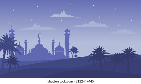 La mezquita islámica Cityscape tiene personajes árabes sobre el fondo de una hermosa silueta - Ramadan Kareem.