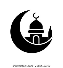 Islamic mosque with crescent moon glyph icon. Black silhouette symbol isolated on white background. Vector stock illustration