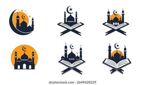 Mesquita islâmica e lua crescente com livros sagrados projeta coleção para celebrações religiosas e culturais