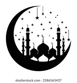 Islamic Mosque with Crescent Moon Silhouette Symbolizing Ramadan and Spirituality