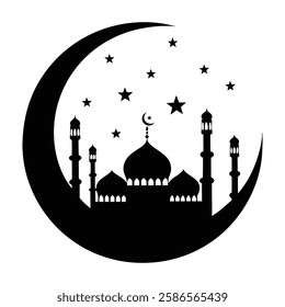 Islamic Mosque with Crescent Moon Silhouette Symbolizing Ramadan and Spirituality