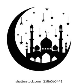 Islamic Mosque with Crescent Moon Silhouette Symbolizing Ramadan and Spirituality