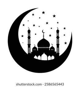 Islamic Mosque with Crescent Moon Silhouette Symbolizing Ramadan and Spirituality