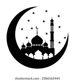 Islamic Mosque with Crescent Moon Silhouette Symbolizing Ramadan and Spirituality