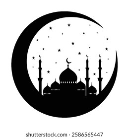 Islamic Mosque with Crescent Moon Silhouette Symbolizing Ramadan and Spirituality