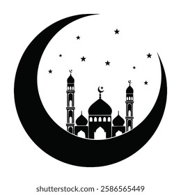 Islamic Mosque with Crescent Moon Silhouette Symbolizing Ramadan and Spirituality