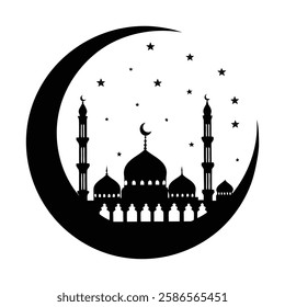 Islamic Mosque with Crescent Moon Silhouette Symbolizing Ramadan and Spirituality