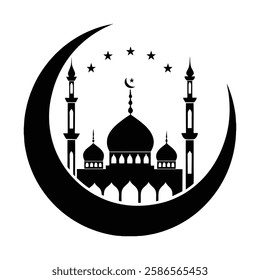 Islamic Mosque with Crescent Moon Silhouette Symbolizing Ramadan and Spirituality