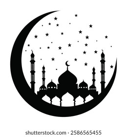 Islamic Mosque with Crescent Moon Silhouette Symbolizing Ramadan and Spirituality