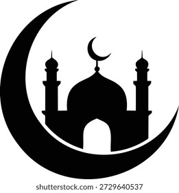 Islamic Mosque and Crescent Moon Silhouette on White Background
