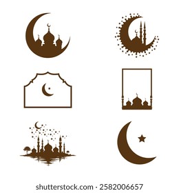 islamic mosque and crescent moon vector set, traditional ramadan lantern decorations, arabic cultural icons collection