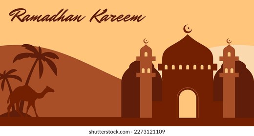 Islamic Mosque with Desert Background Flat Illustration suitable for Islamic Graphic Resources