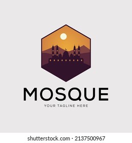 islamic mosque in desert badge logo vector illustration design