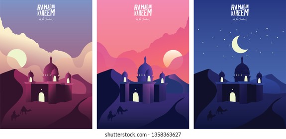 Islamic mosque in the desert sand at sunrise, sunset and night. Ramadan kareem greeting banners set template vector illustration. - Vector