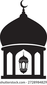 Silhueta da cúpula da mesquita islâmica com ícone de lanterna pendurada, telhado masjid com lâmpada fanosa tradicional para Ramadã Kareem, Eid Mubarak e design de festival religioso.