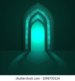Islamic mosque door glow background with arabic pattern