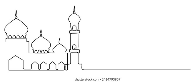 islamic mosque drawing one continuous line. Happy Eid Mubarak, Eid Fitr, Ramadan Kareem. Muslim religion holiday celebration free hand drawn outline line art minimalism style.