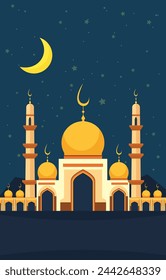 Islamic Mosque Eid Al Fitr Festival Card in Night Sky