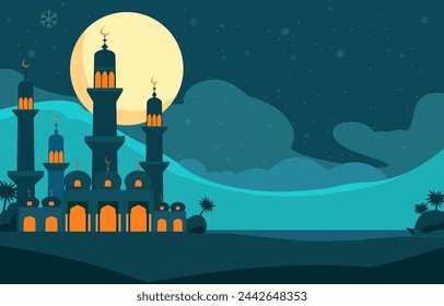 Islamic Mosque Eid Al Fitr Festival Card in Night Sky