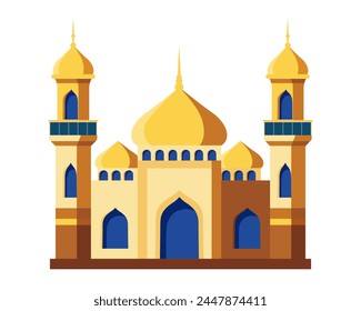 Islamic mosque with a golden dome and minaret. Mosque muslim arabic architecture religious graphics. Prayer building islamic culture. Flat style, sacred architecture. Vector illustration.