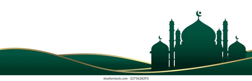 Islamic mosque in green landscape border silhouette icon symbol clip art cartoon animated vector illustration design for ramadan, eid al fitr, al adha, isra mi'raj, muharram