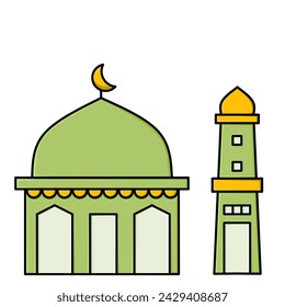 Islamic Mosque. Green and yellow vector icon, Green Dome of Mosque. isolated on white background