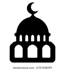 Icono de mezquita islámica con arquitectura religiosa de luna creciente para viajes y fondo blanco