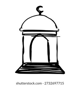 Islamic mosque icon hand drawn doodle. Simple mosque dome and minaret sketch for Ramadan and Eid celebration. Handcrafted religious architecture illustration.
