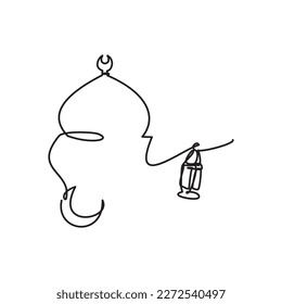 Islamic mosque icon. Ramadan Line - Eid Icon. Simple line drawing of Dome Mosque - Crescent Moon and Lantern. Vector illustration of Mosque line for icon, symbol, logo ramadan and eid. Islam Line eps.