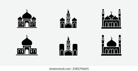 Islamic Mosque Icon Set – Minimalist Black and White Vector Silhouettes of Mosques with Crescent Moons and Minarets for Ramadan and Eid Designs