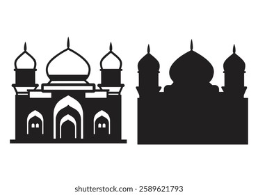 Islamic Mosque Icon Set – Minimalist Black and White Vector Silhouettes of Mosques with Crescent Moons and Minarets for Ramadan and Eid Designs