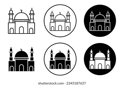 Icono de mezquita islámica. masjid musulmán con cúpula y minarete de estilo negro relleno y delineado.