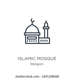 Islamic mosque icon. Thin linear islamic mosque outline icon isolated on white background from religion collection. Line vector sign, symbol for web and mobile - Shutterstock ID 1691108458
