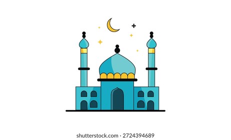 Islamic mosque icon vector illustration for Ramadan and Eid celebrations. Clean flat style mosque with dome, minarets, and crescent moon. Suitable for religious themes, Islamic events, and Muslim holiday designs. Ideal for use in websites, mobile applications, social media, banners, greeting cards, posters, and user interface projects. Created in scalable vector format with high quality resolution and transparent background, making it easy to integrate into various design projects. Perfect for modern, minimal, and professional Islamic visual content.