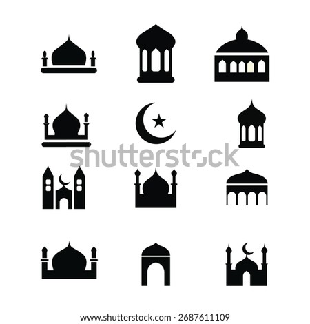 Islamic Mosque Icons Set – Crescent Moon and Minaret Silhouettes Vector Illustration